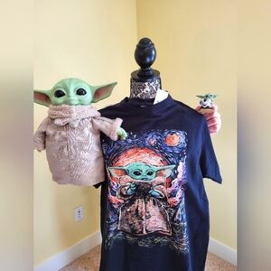 A trio of Star Wars Grogu merchandise. NWT Shirt, Grogu Doll, and Grogu figurine